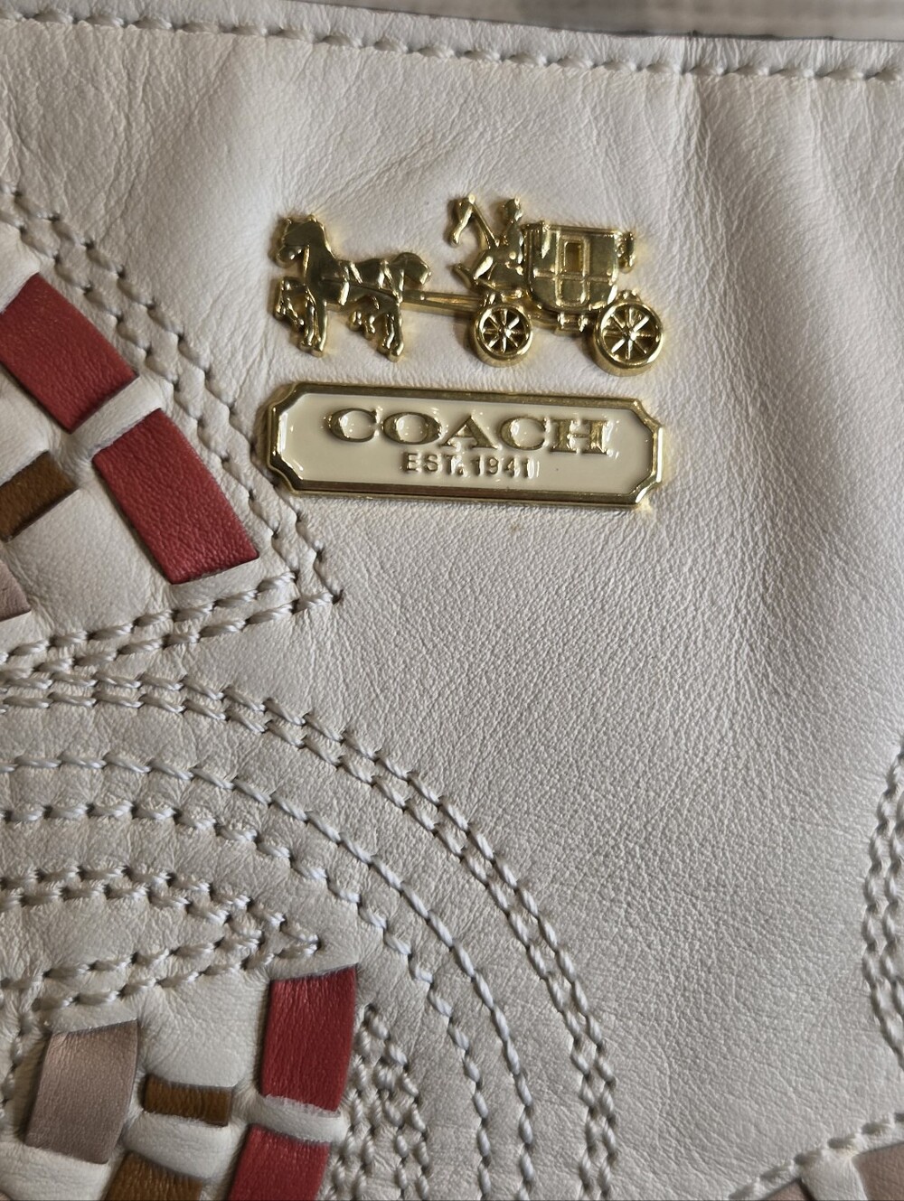 Coach Madison Op Art Whipstitch Leather Tote Bag Parchment White 22279 EUC - Picture 4 of 16